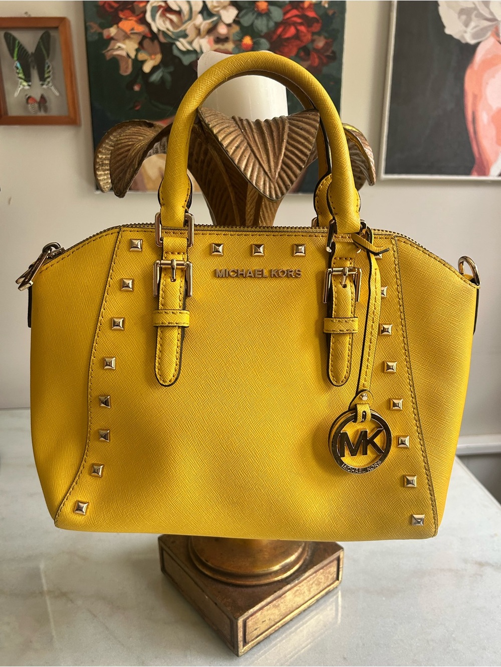 Michael Kors Yellow Studded Saffiano Leather Satchel Crossbody Bag